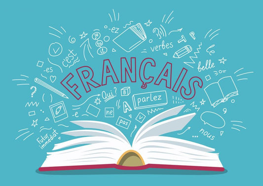 Open book with the word “FRANÇAIS” and French words floating above it.