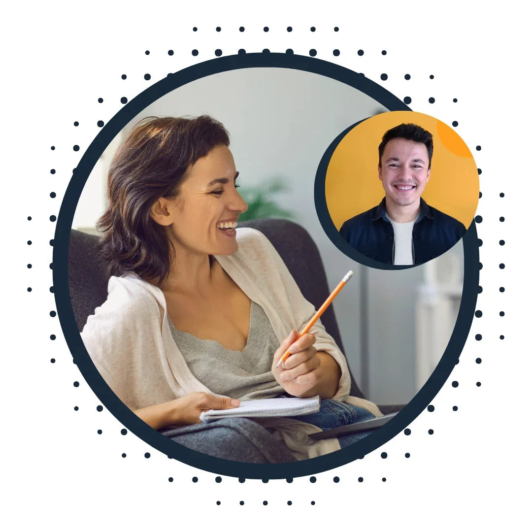 Smiling woman studying with a notebook and pencil during an online TEF Canada coaching session.