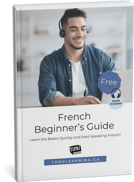 A happy student with headphones learning French.