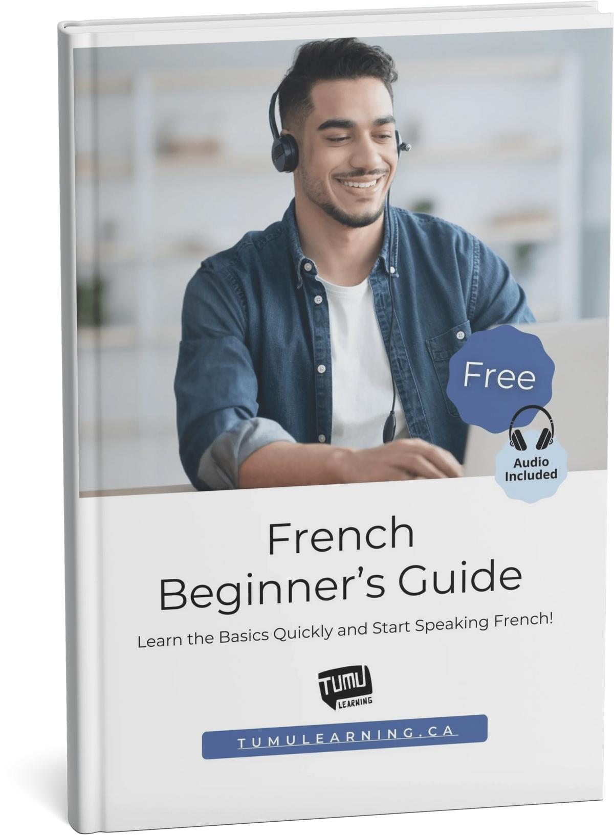 A happy student with headphones learning French.