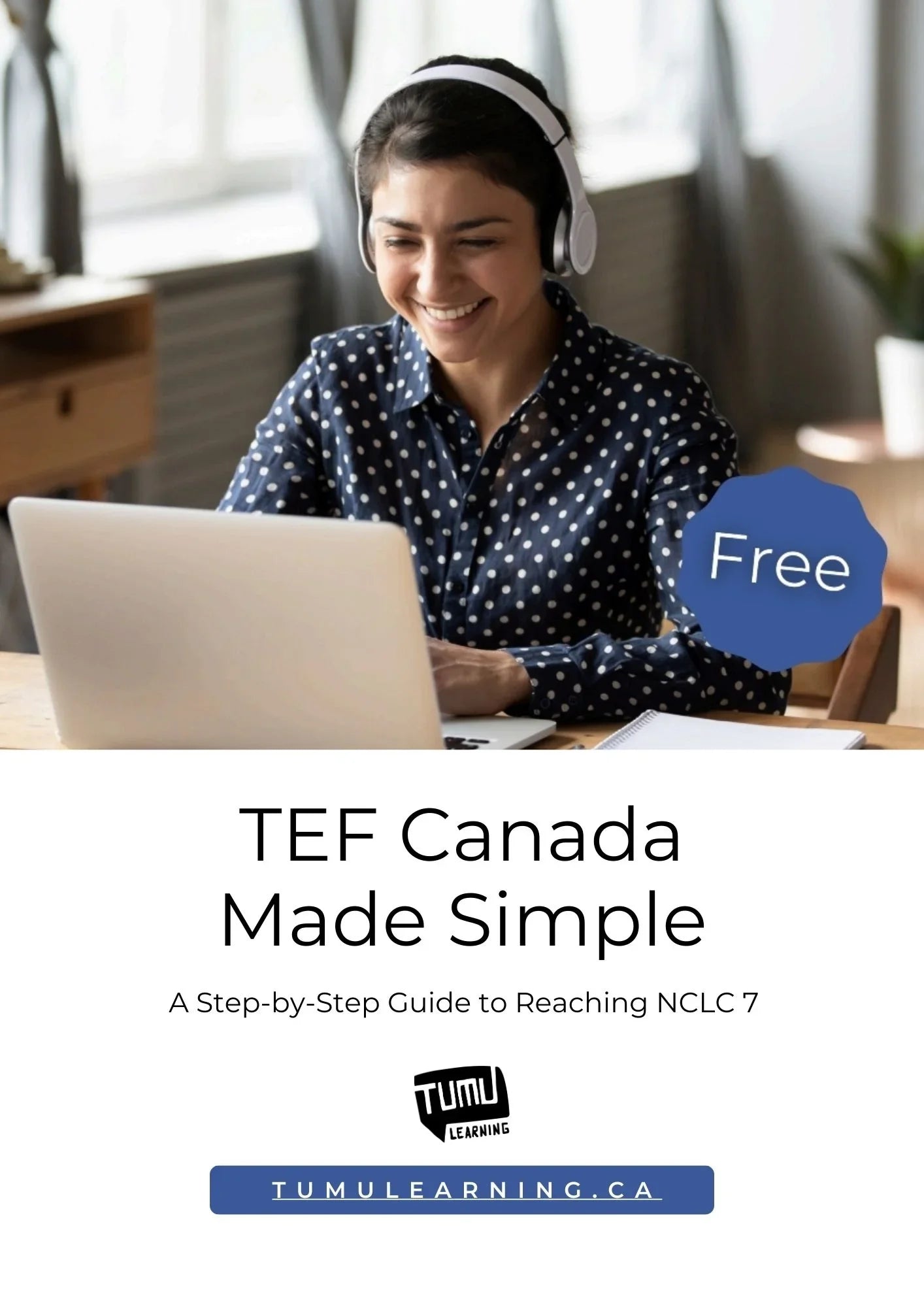 A smiling student wearing headphones while learning French
