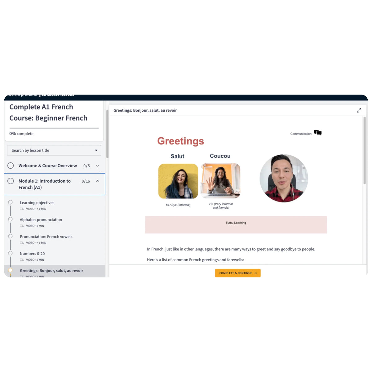 A screenshot of an online French learning platform interface showing a 'Greetings: Beginner French' module.