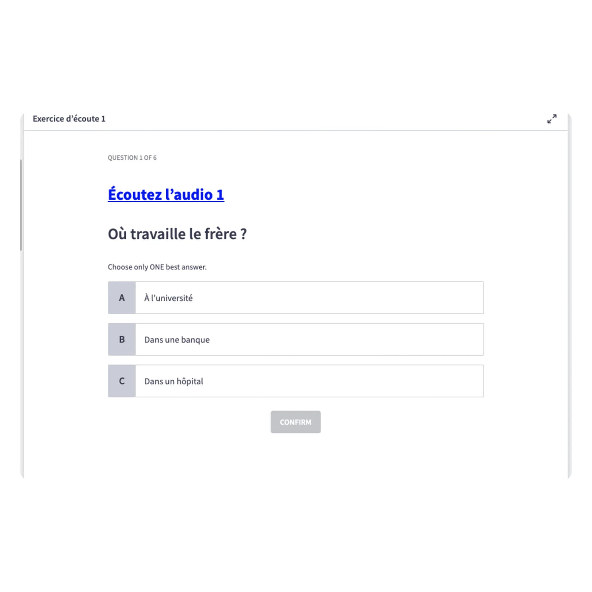A screenshot of a French listening exercise interface with the text 'Exercice d’ecoute 1'.