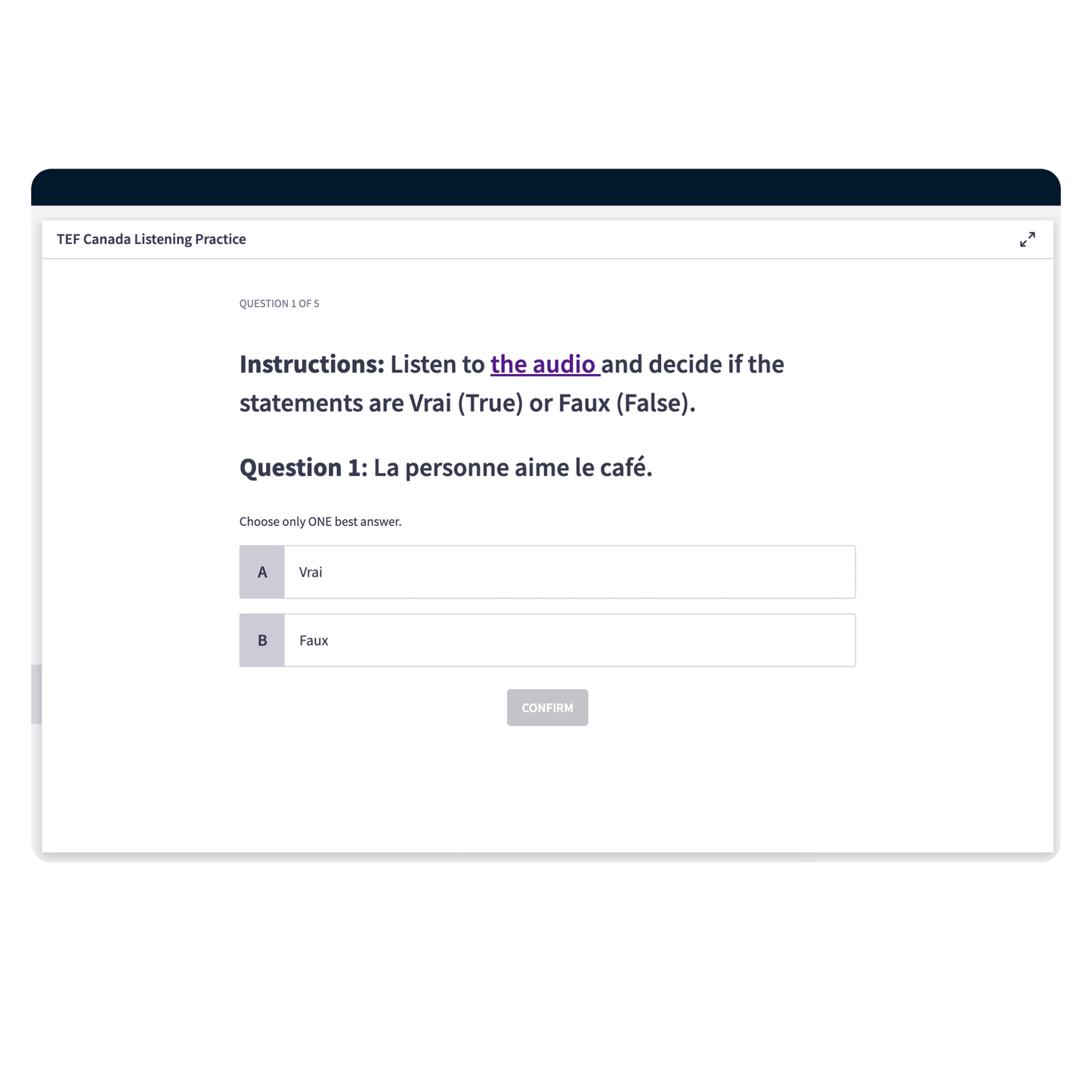 Official TEF Canada listening practice quiz with instant scoring criteria