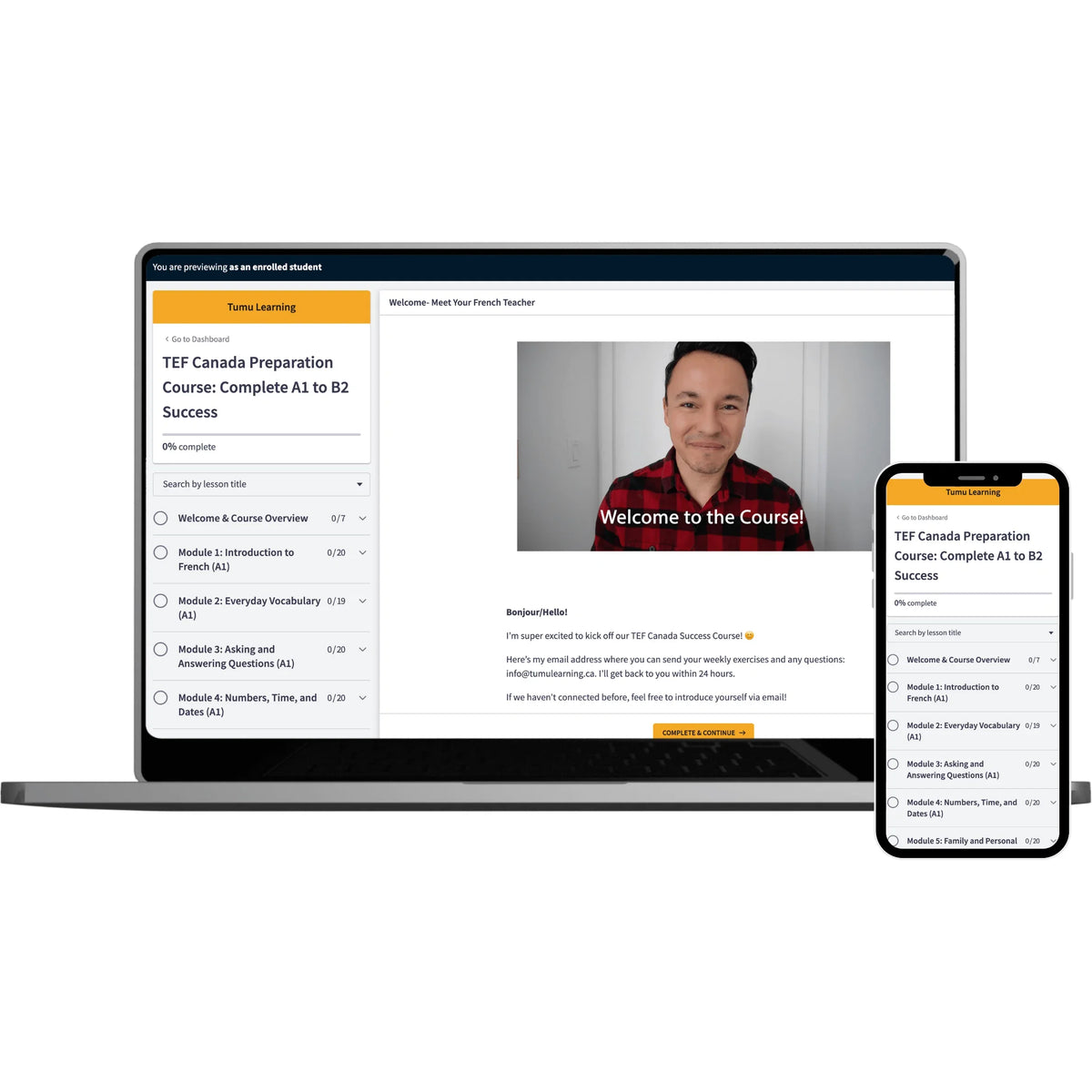 TEF Canada Success Course online learning platform shown on laptop and mobile screen