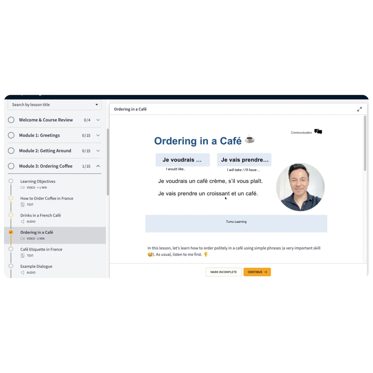 A screenshot of an online French learning platform interface showing a lesson titled 'Ordering in a Café'.
