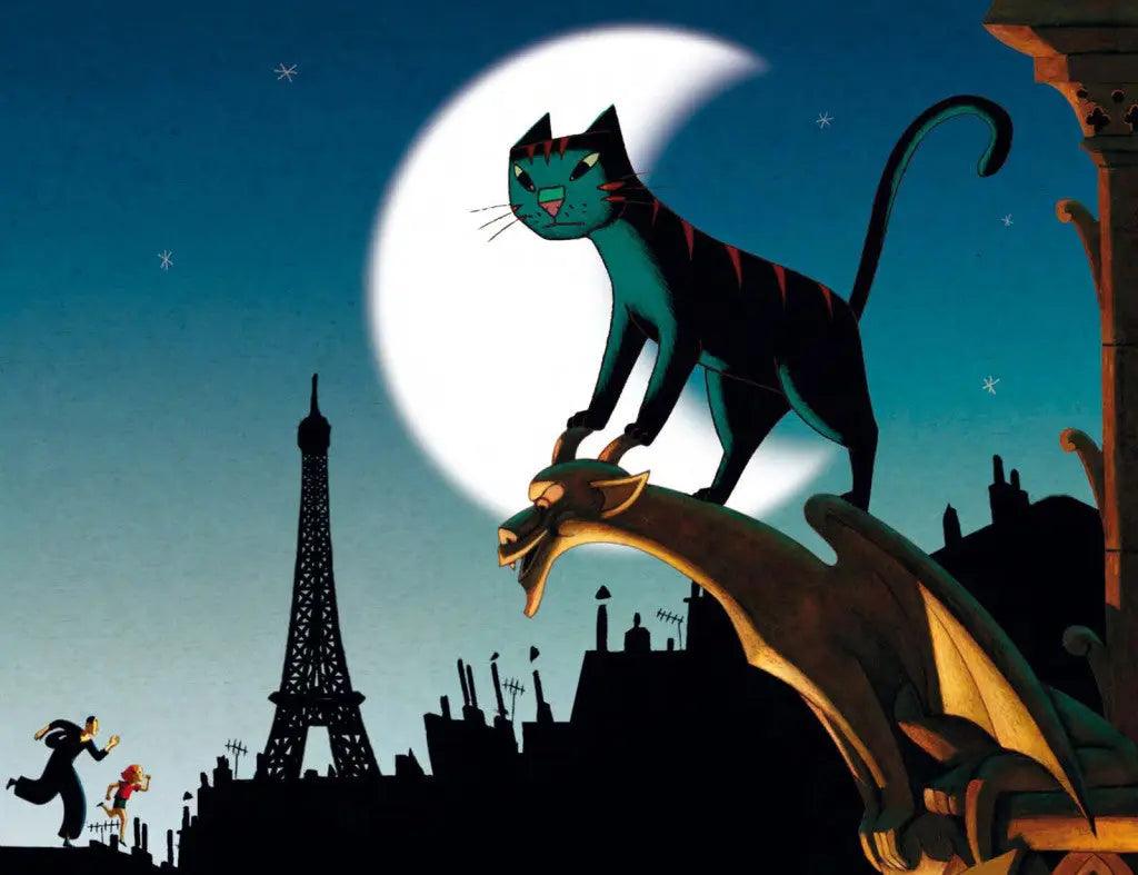 An animated black cat sitting on a rooftop in Paris at night, with the city skyline and the Eiffel Tower illuminated in the background.