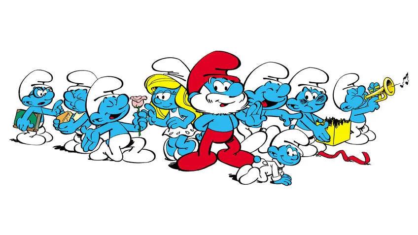 An image of a group of Smurfs standing together, with their blue skin and white hats. 