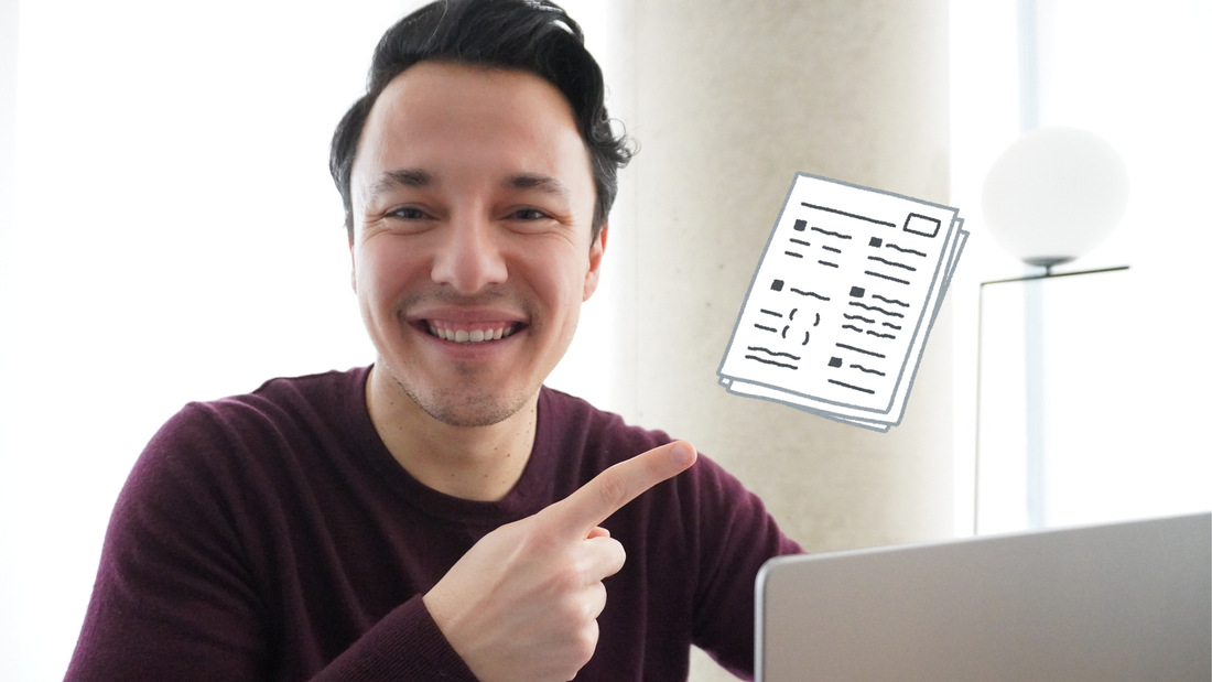 Umut, French teacher in Toronto, smiling and pointing at a TEF Canada exam paper while explaining preparation strategies.