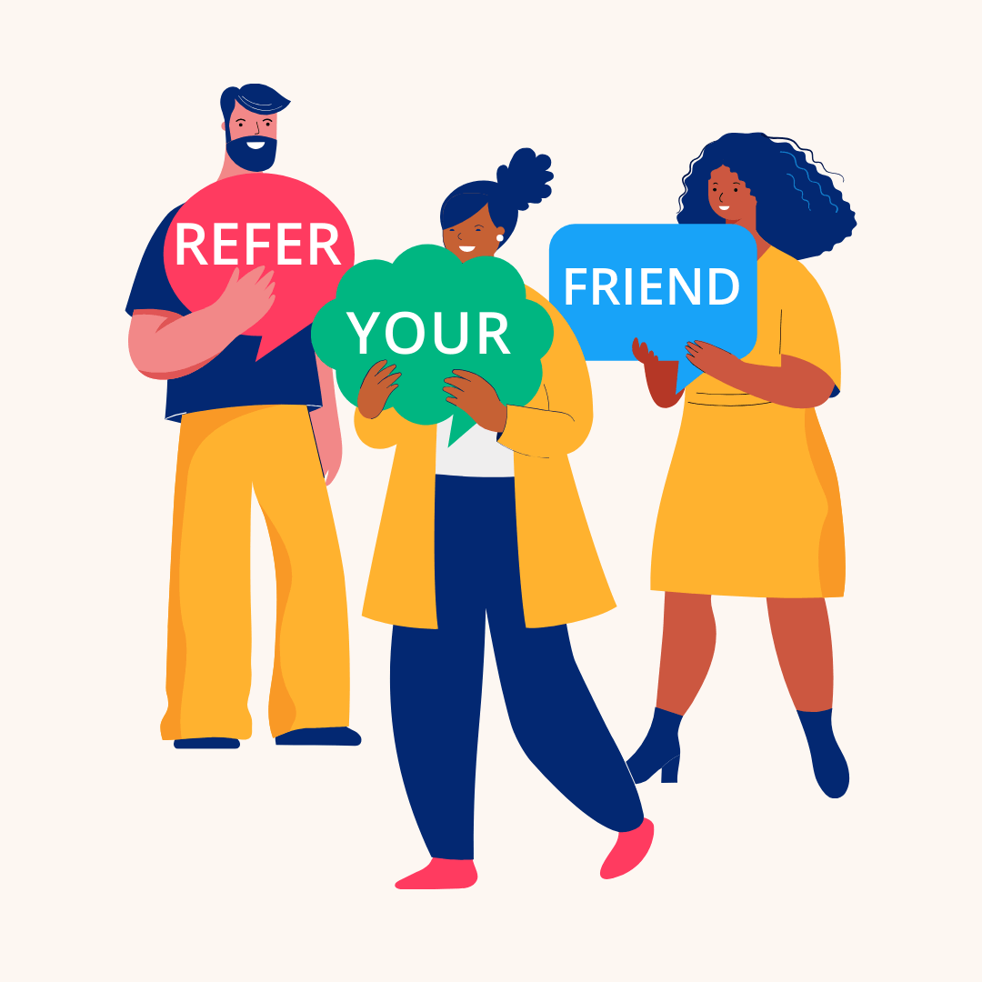 Three figures holding a 'Refer Your Friend' sign.