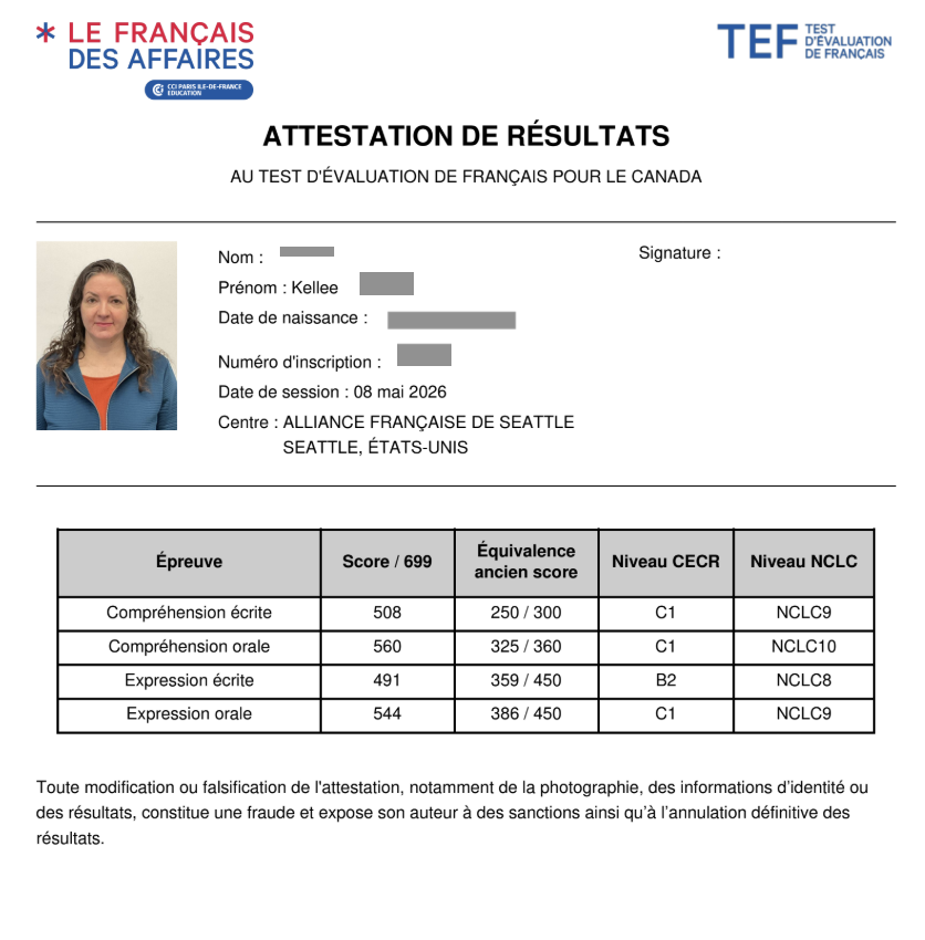 TEF Canada Exam Result NCLC 7 Scorecard - Tumu Learning Student
