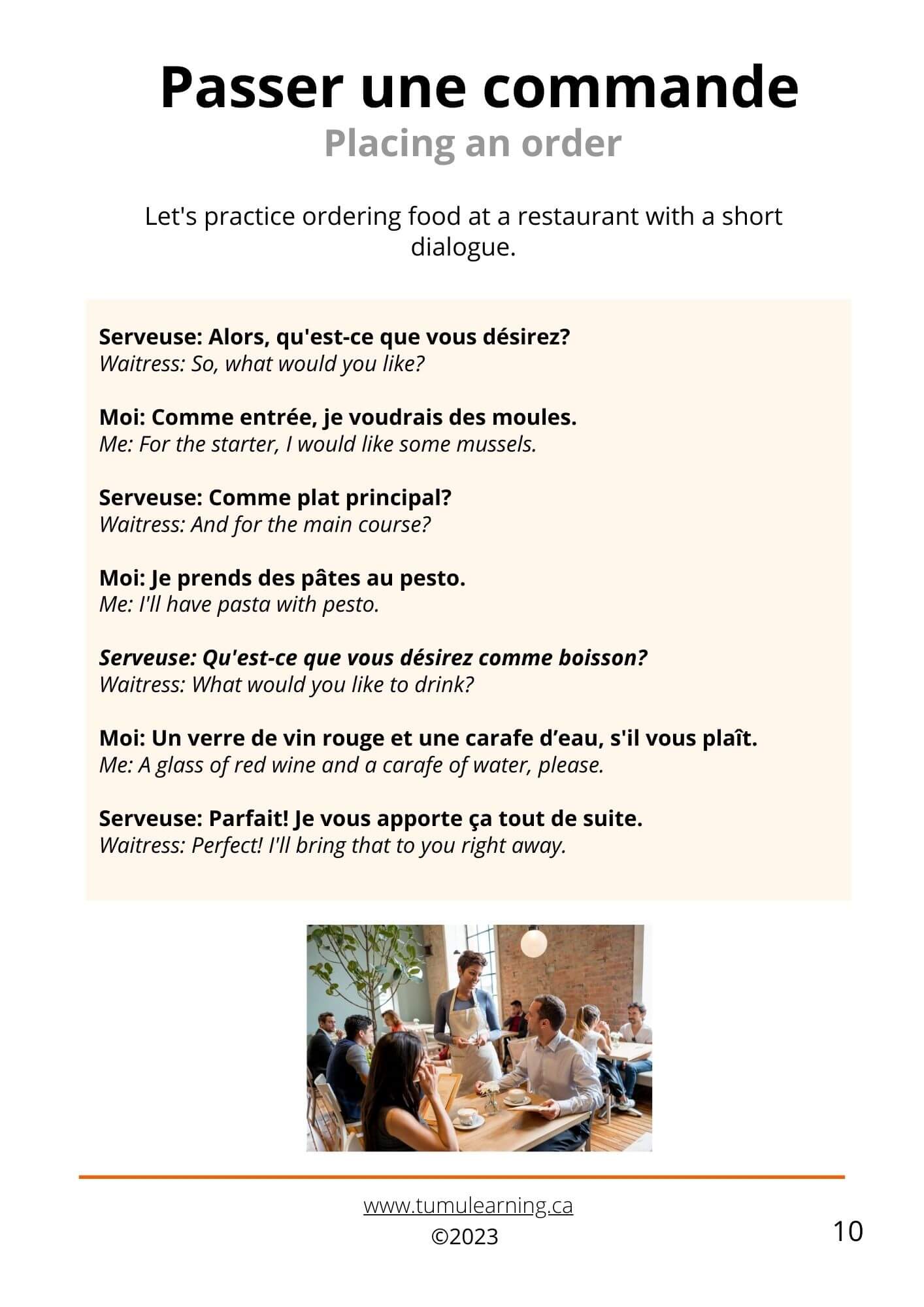 A simple French dialogue to order food at a restaurant