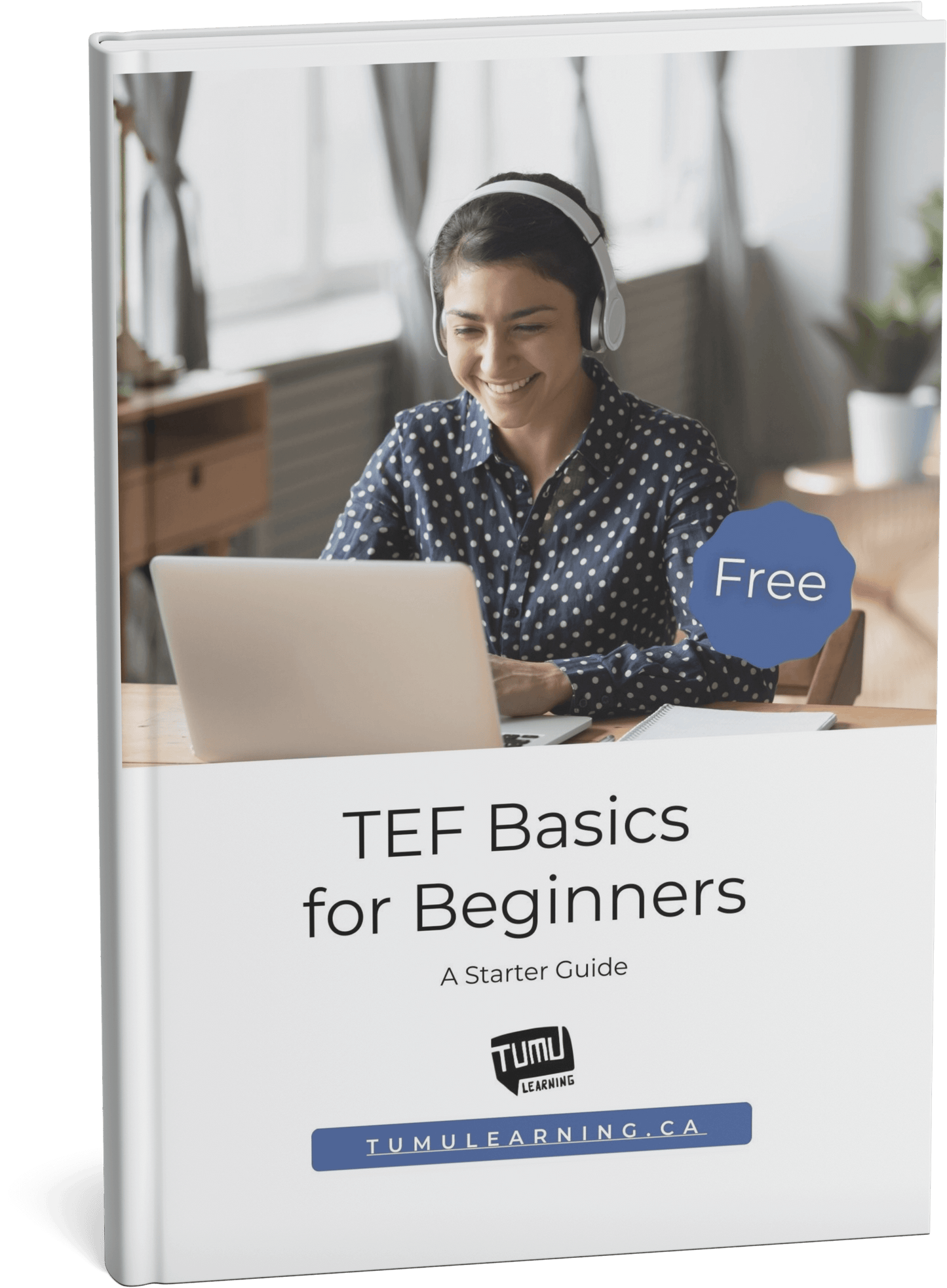 A smiling student wearing headphones while learning French