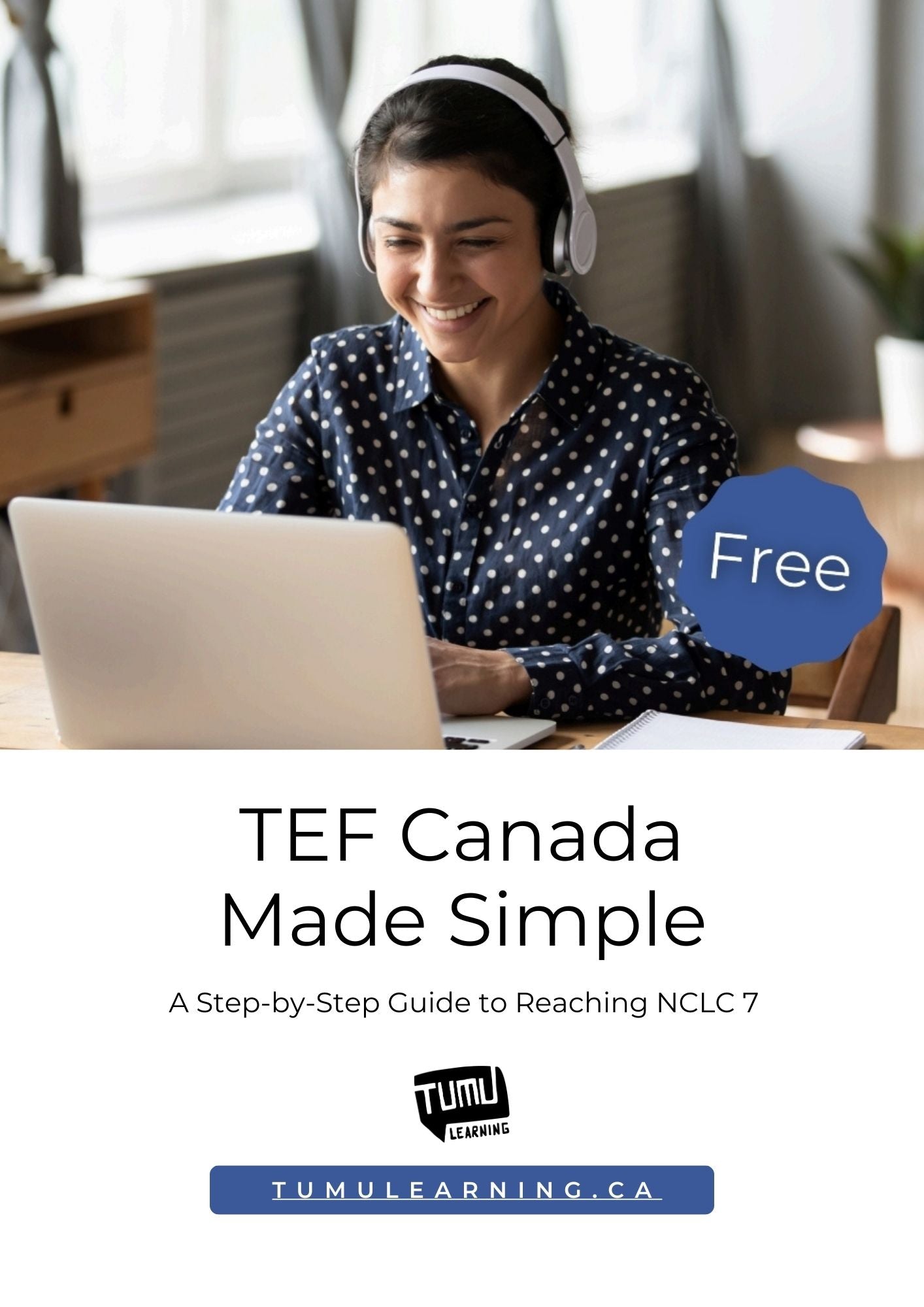 A smiling student wearing headphones while learning French