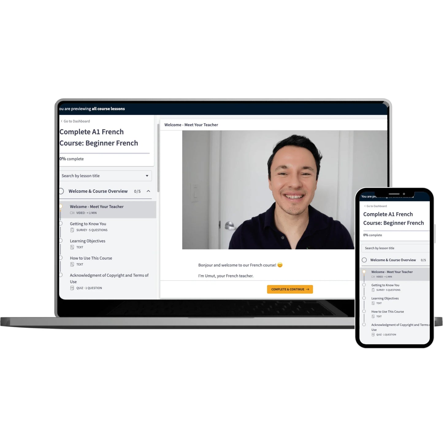A laptop and smartphone displaying a French language course interface on a clean white background.