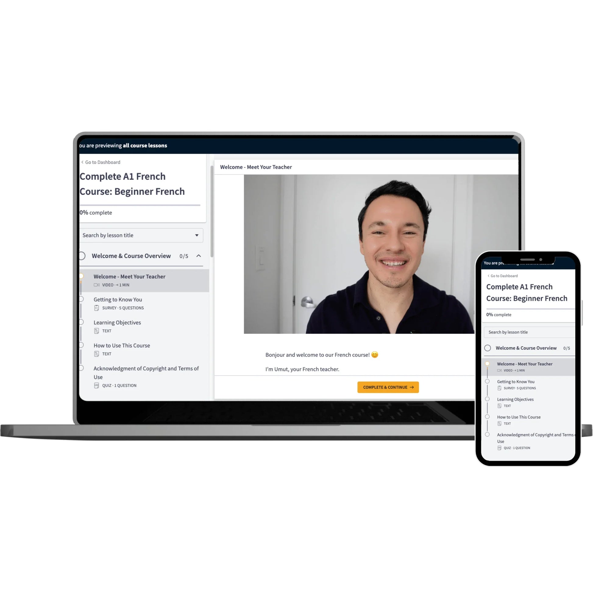 A laptop and smartphone displaying a French language course interface on a clean white background.