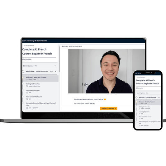 A laptop and smartphone displaying a French language course interface on a clean white background.