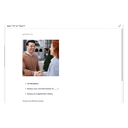 A digital screenshot of a French language quiz page titled 'Quiz: "Tu" ou "Vous"?'. 