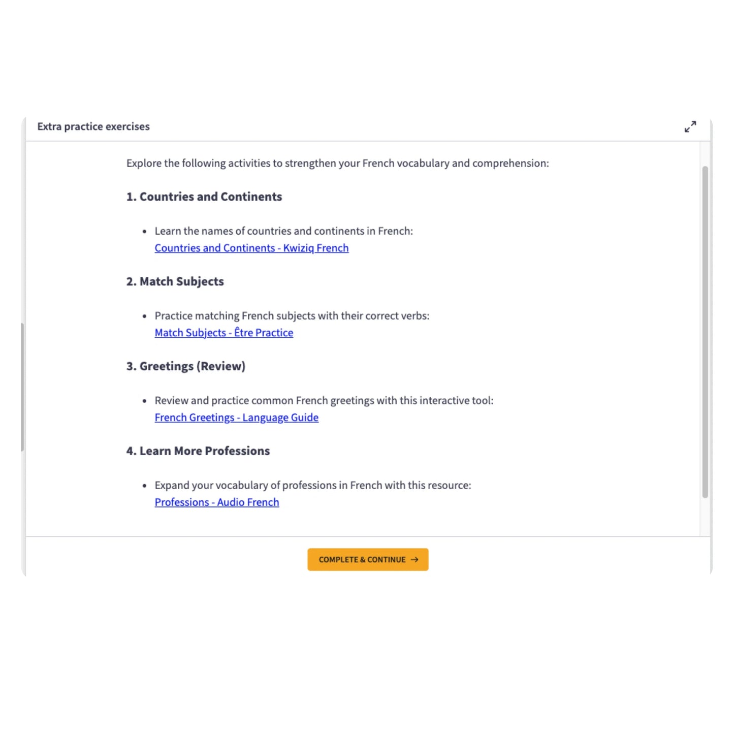 A screenshot of an online French practice exercise page with text sections on countries and continents.