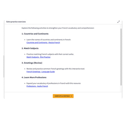 A screenshot of an online French practice exercise page with text sections on countries and continents.