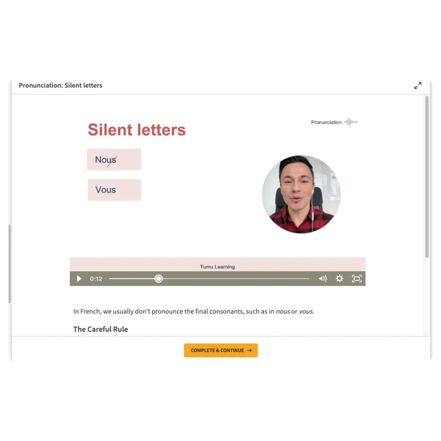 A screenshot of an online French pronunciation lesson about silent letters, showing the title 'Silent letters'.
