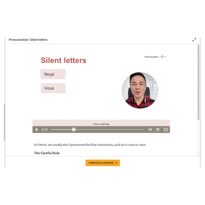 A screenshot of an online French pronunciation lesson about silent letters, showing the title 'Silent letters'.