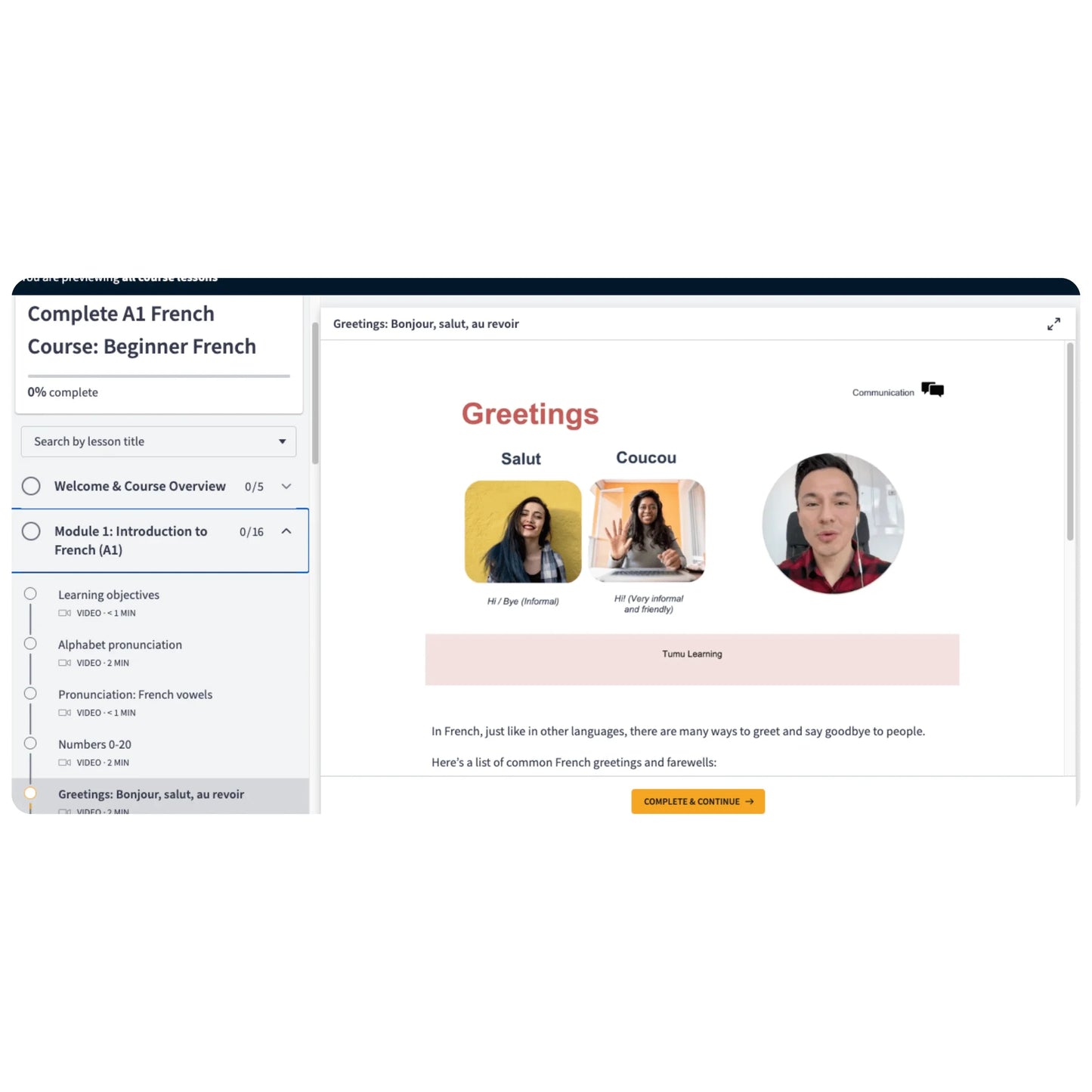 A screenshot of an online French learning platform interface showing a 'Greetings: Beginner French' module.