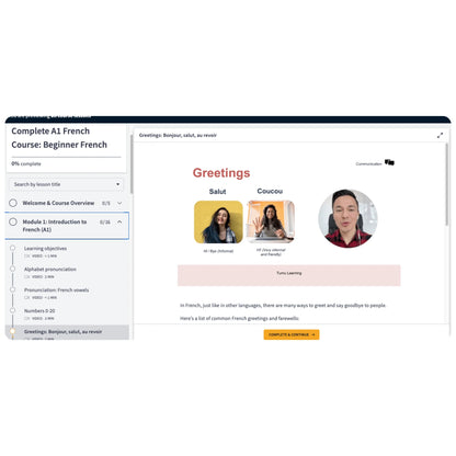 A screenshot of an online French learning platform interface showing a 'Greetings: Beginner French' module.