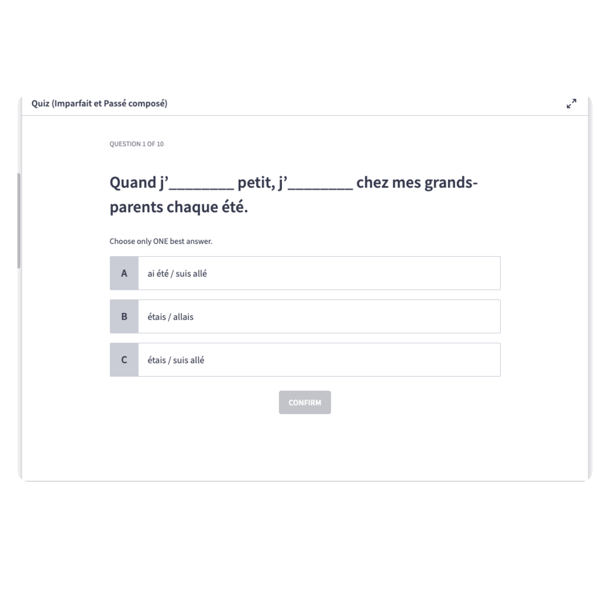 A screenshot of a French language quiz question on a white interface with gray and black text.