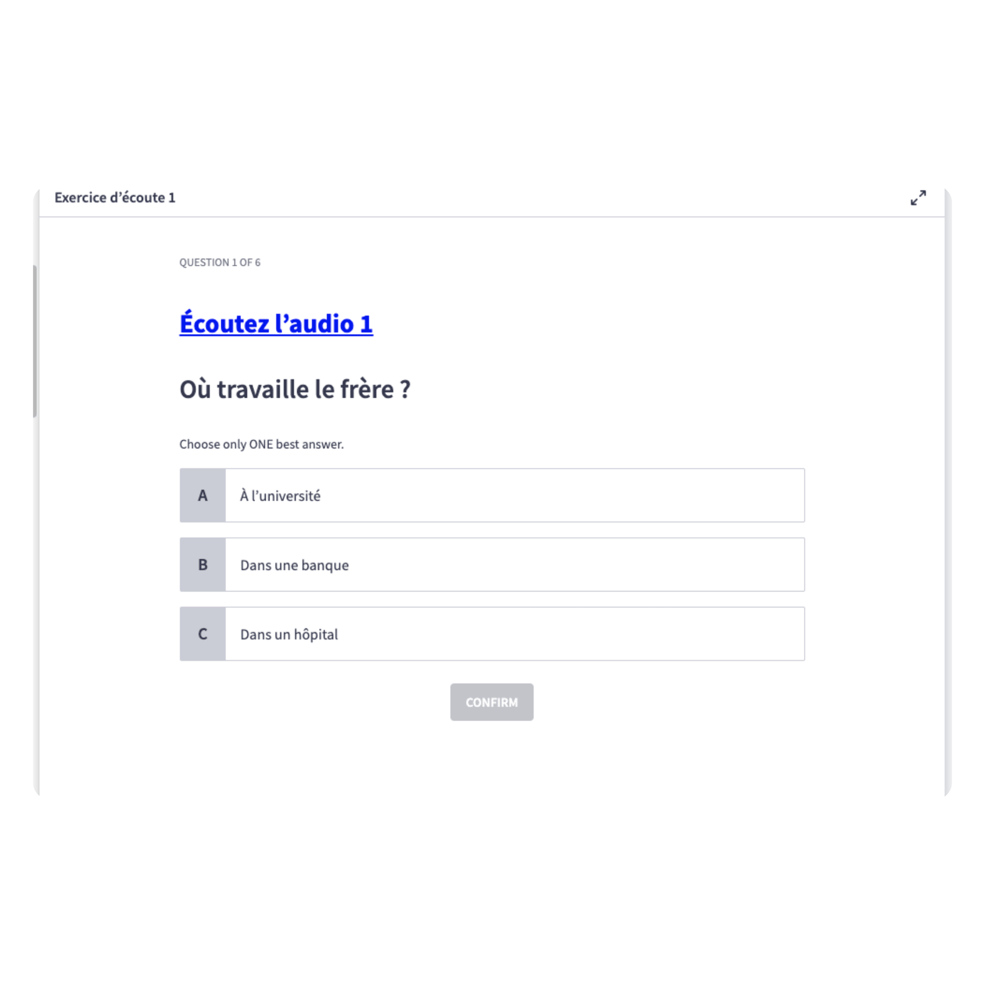 A screenshot of a French listening exercise interface with the text 'Exercice d’ecoute 1'.