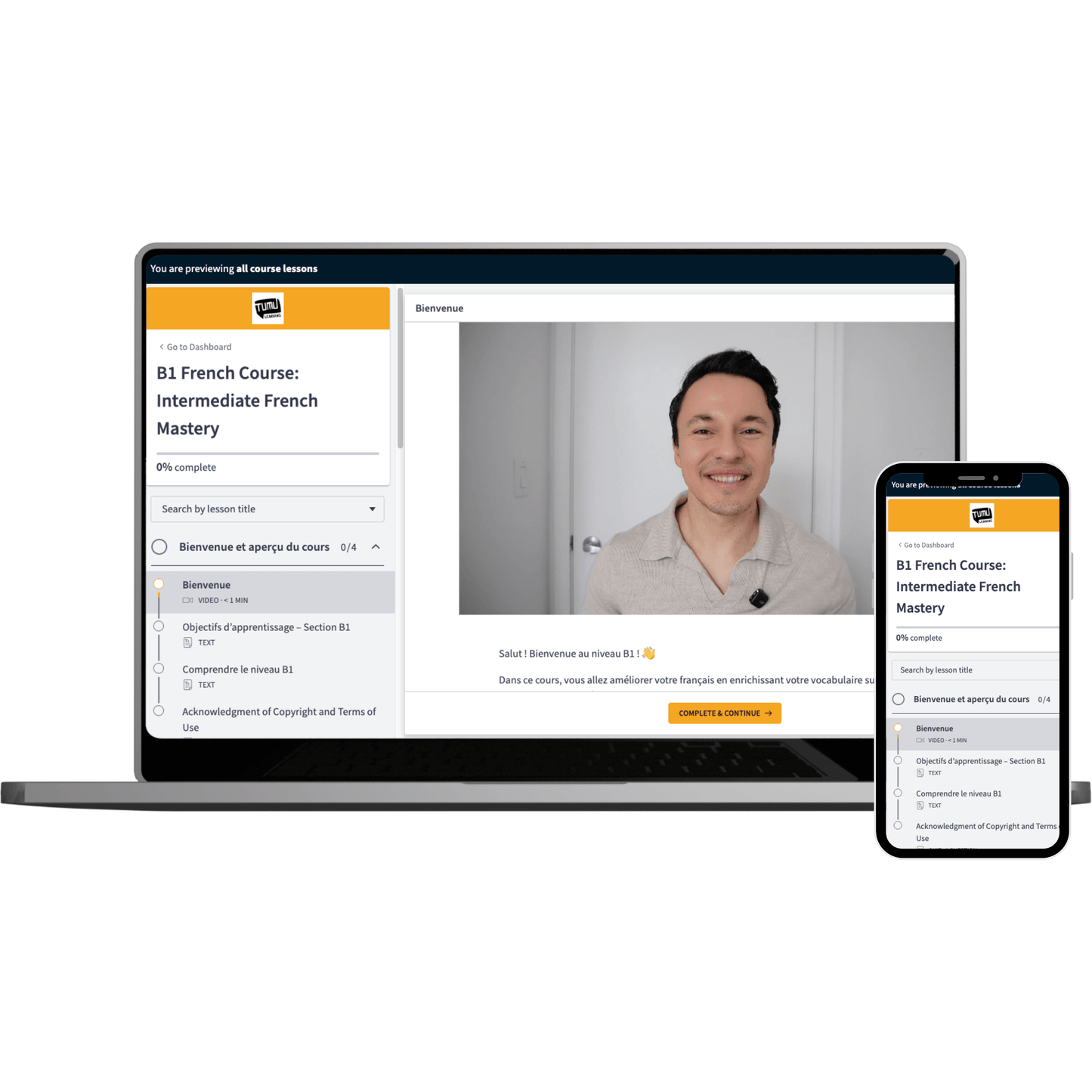 A digital mockup showing a laptop and smartphone displaying a French language course interface, with a video call window featuring a smiling man.