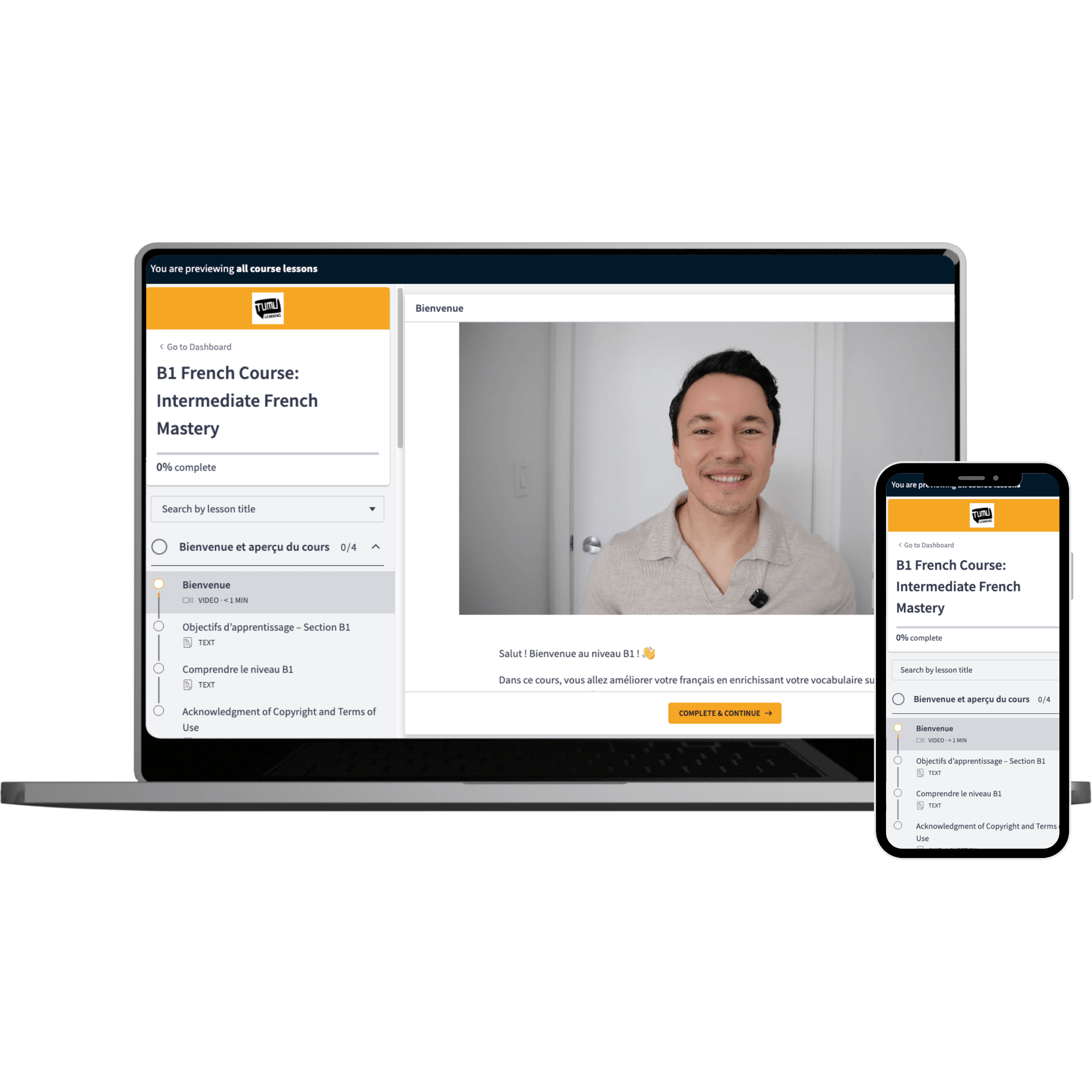A digital mockup showing a laptop and smartphone displaying a French language course interface, with a video call window featuring a smiling man.