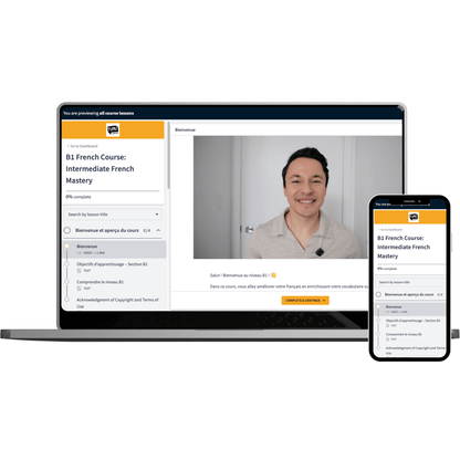 A digital mockup showing a laptop and smartphone displaying a French language course interface, with a video call window featuring a smiling man.