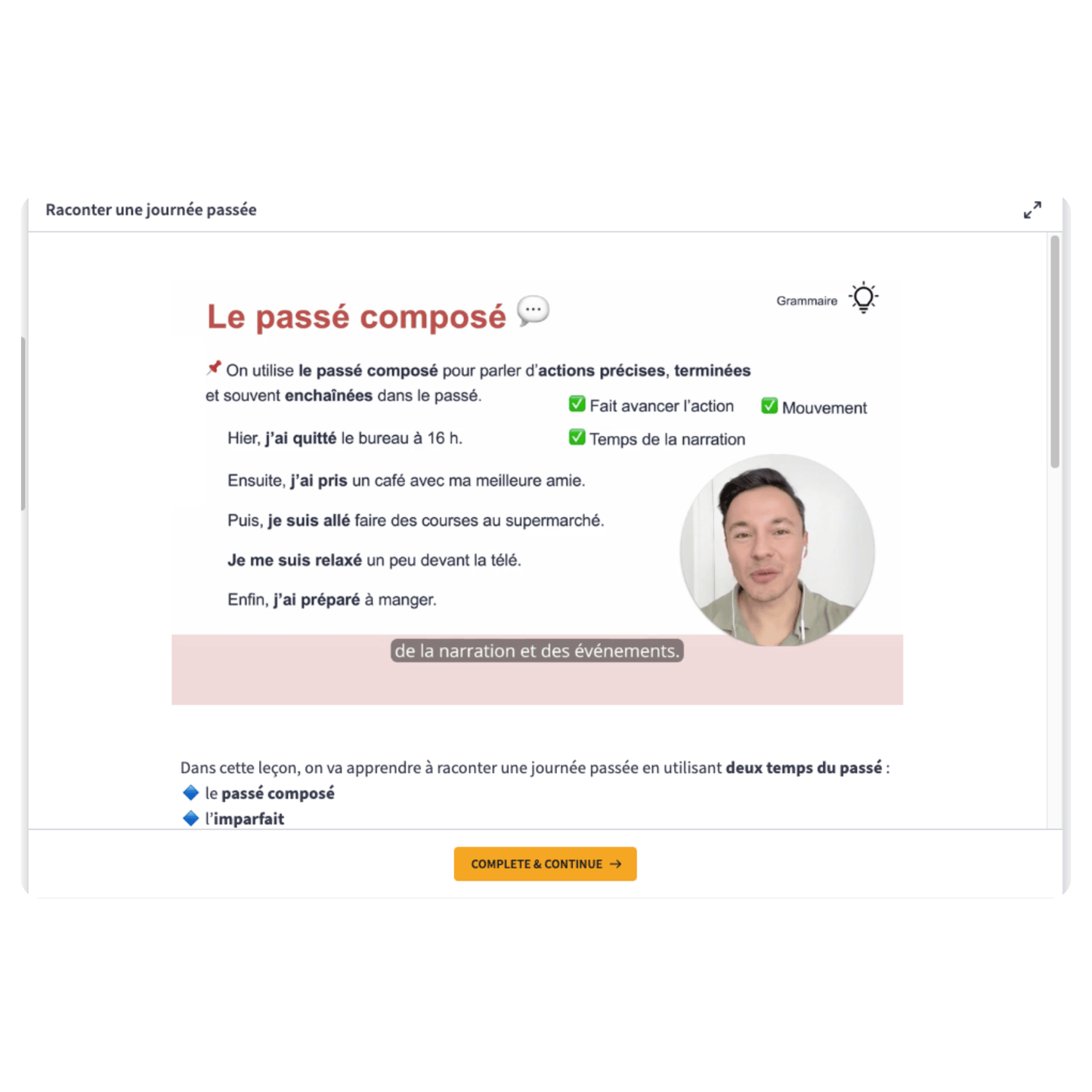 A screenshot of a French grammar or language learning webpage showing a lesson titled 'Le passé composé'.