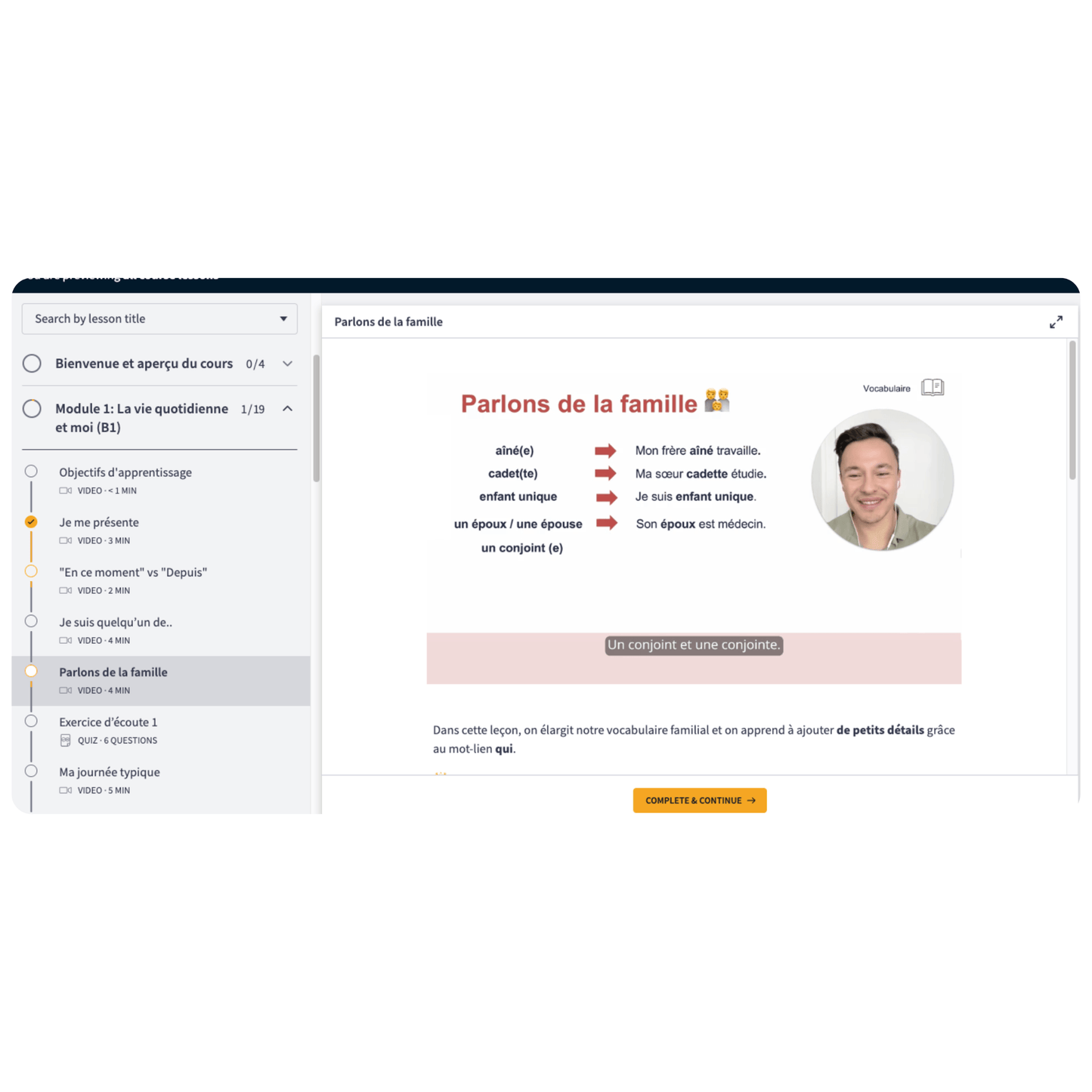 A screenshot of a French language learning platform interface showing a lesson page titled 'Parlons de la famille'.