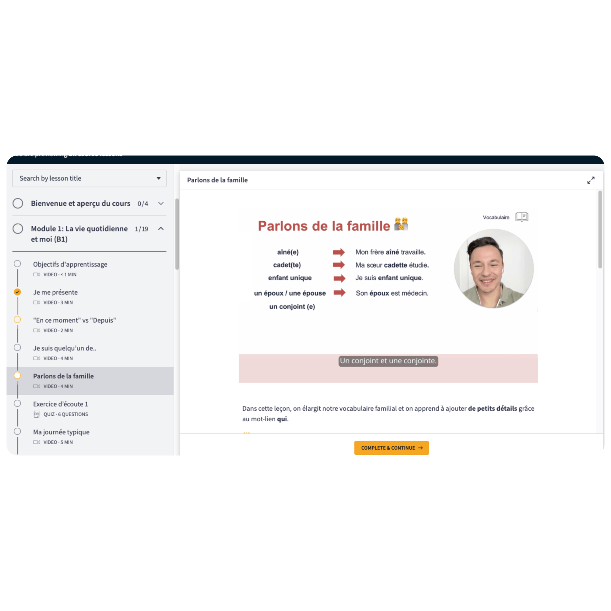 A screenshot of a French language learning platform interface showing a lesson page titled 'Parlons de la famille'.