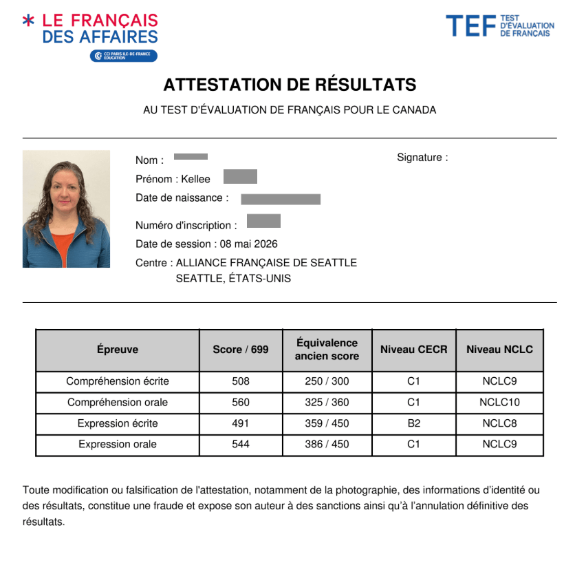 Official TEF Canada exam result scorecard showing NCLC 7 achievement for Tumu Learning student Kellee.