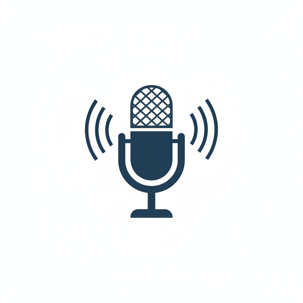 A dark blue microphone icon with sound wave lines on a plain white background.