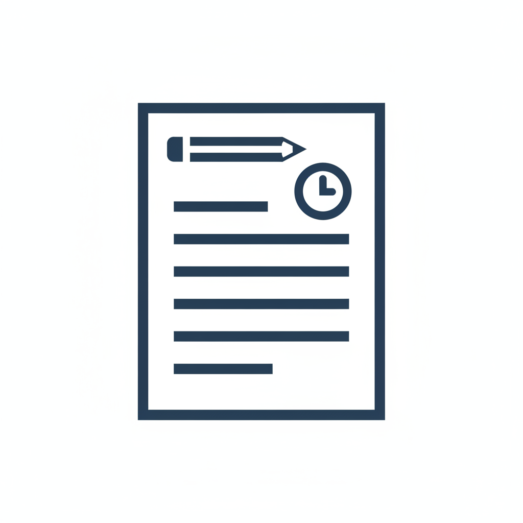 A minimalist dark blue line icon of a document with a pencil and clock, centered on a solid white background.