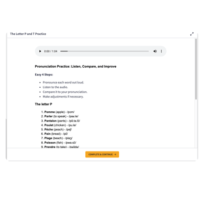 A screenshot of an online pronunciation practice worksheet titled 'The Letter P and T Practice'.