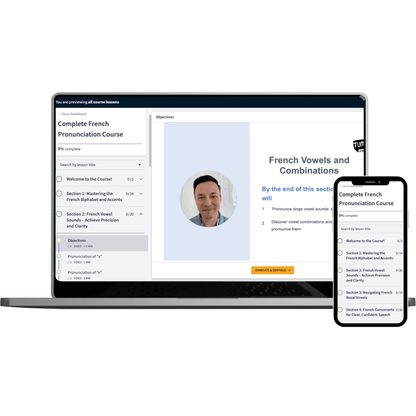 A laptop and smartphone displaying a French language course interface on a clean white background.