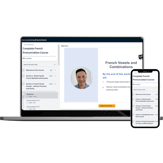 A laptop and smartphone displaying a French language course interface on a clean white background.