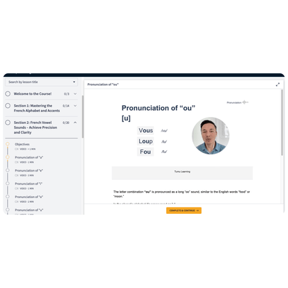 A screenshot of a digital French learning platform showing a pronunciation lesson for the letter 'ou'.