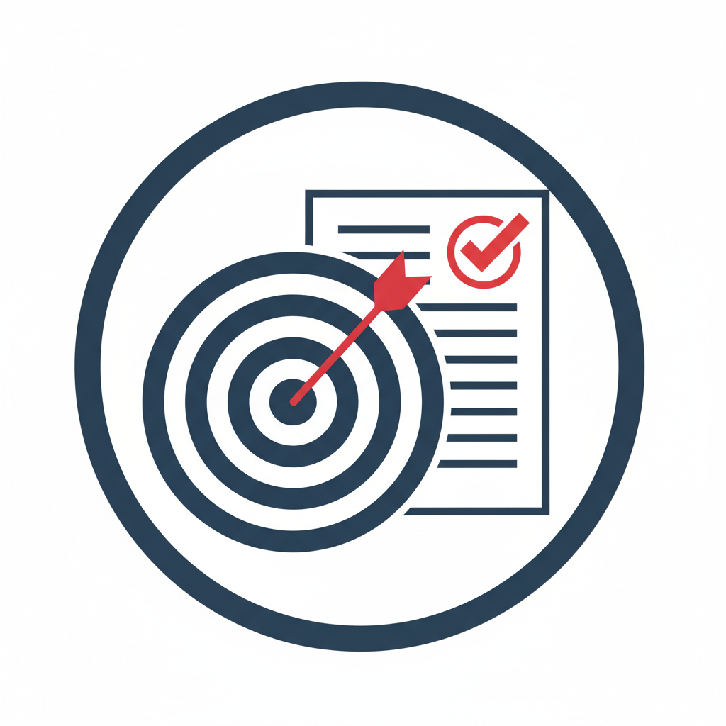 A minimalist vector icon depicting a circular target and a checklist with a red checkmark