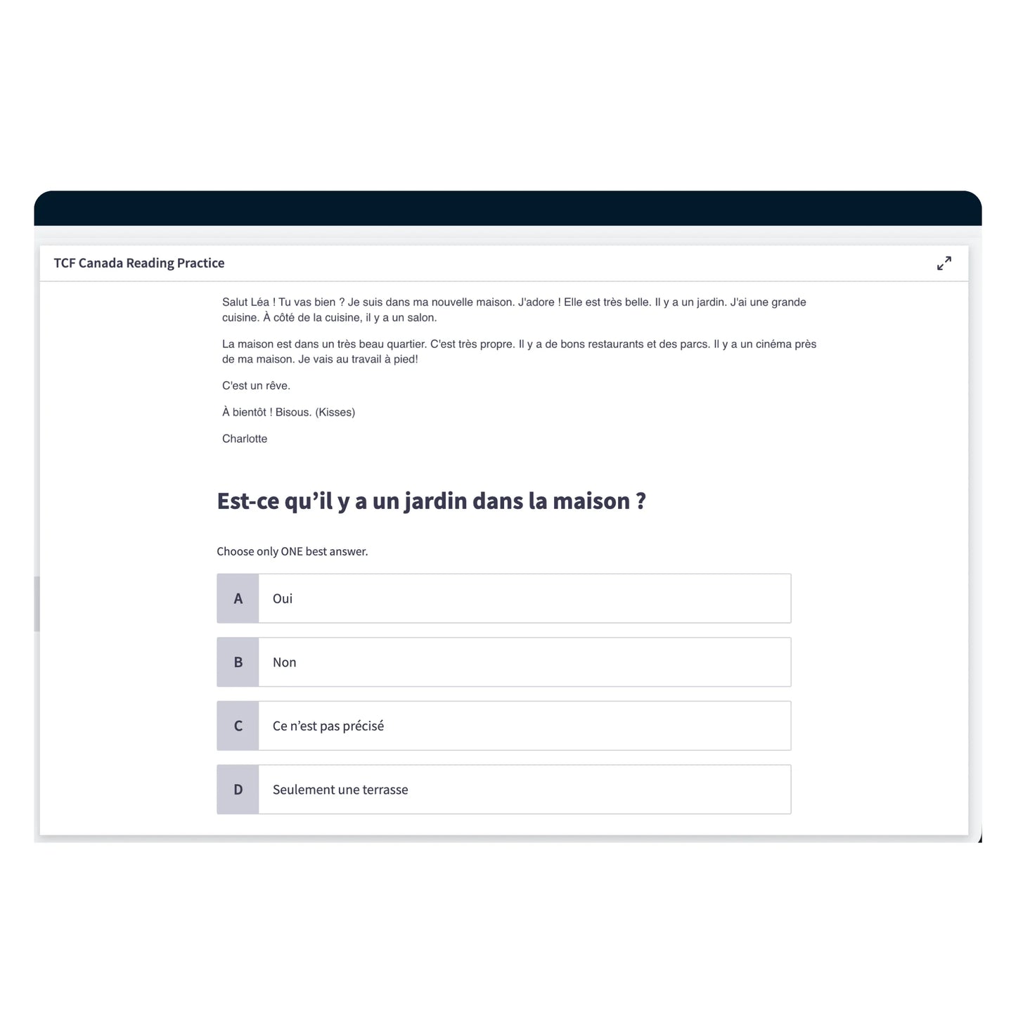 TCF Canada reading practice quiz with instant scoring criteria