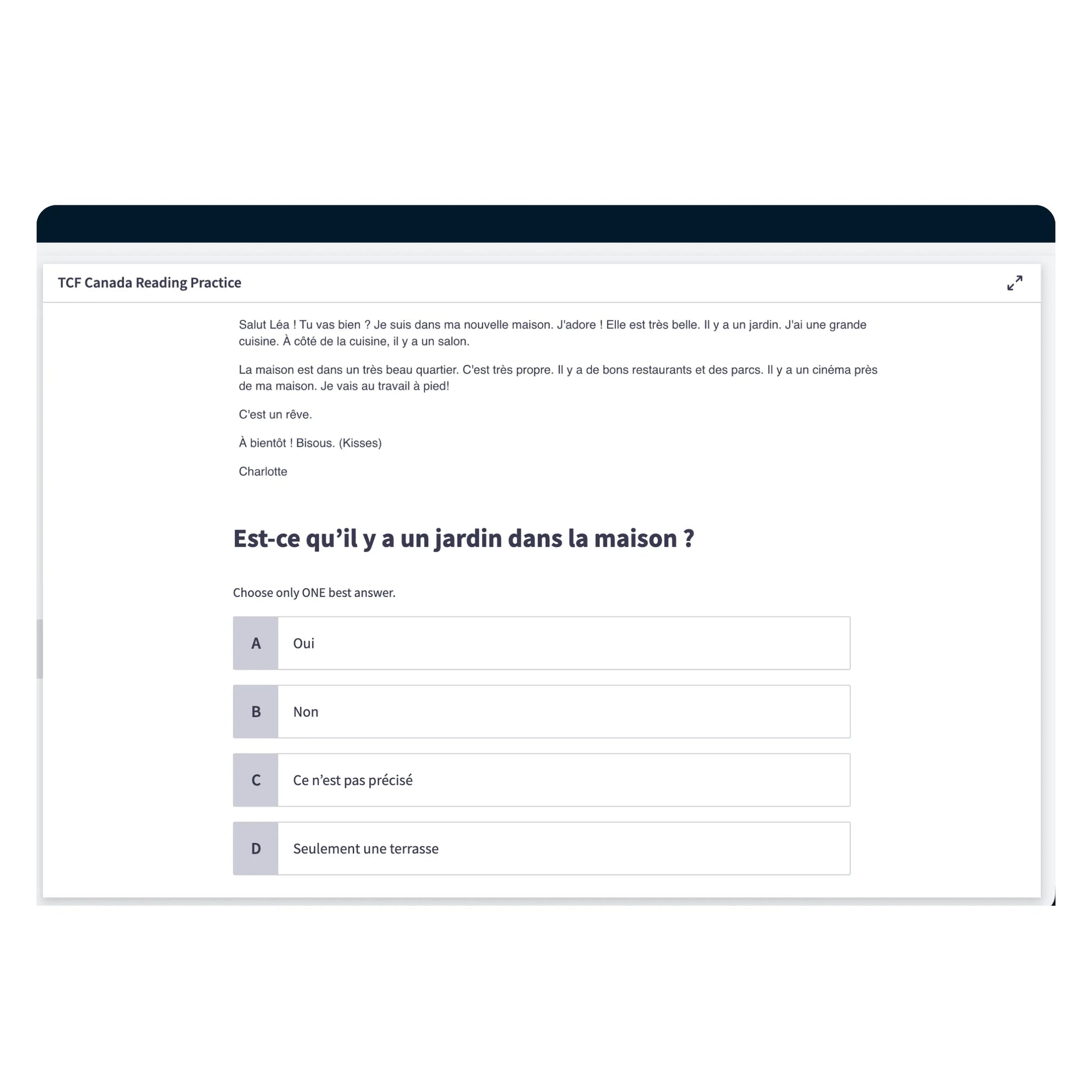 TCF Canada reading practice quiz with instant scoring criteria