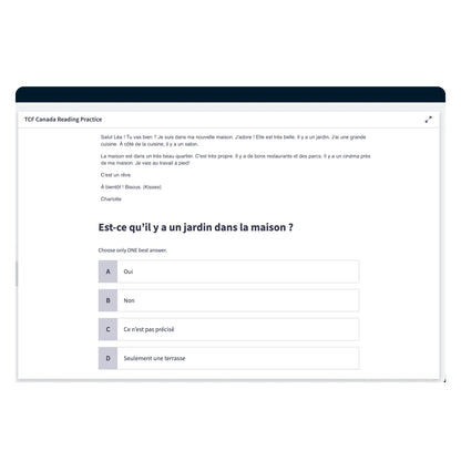 TCF Canada reading practice quiz with instant scoring criteria