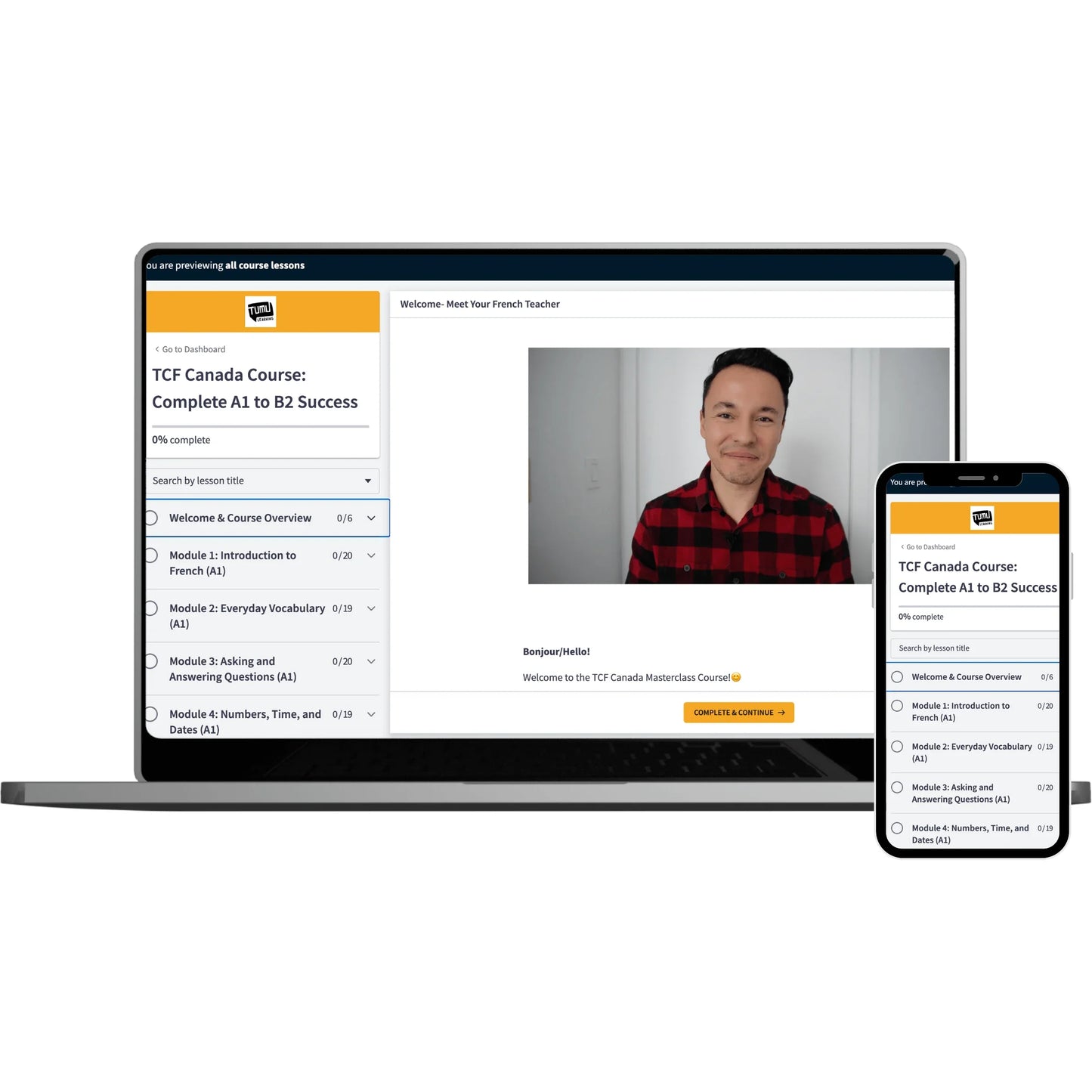 A laptop and smartphone displaying the TCF Canada Course online platform interface.