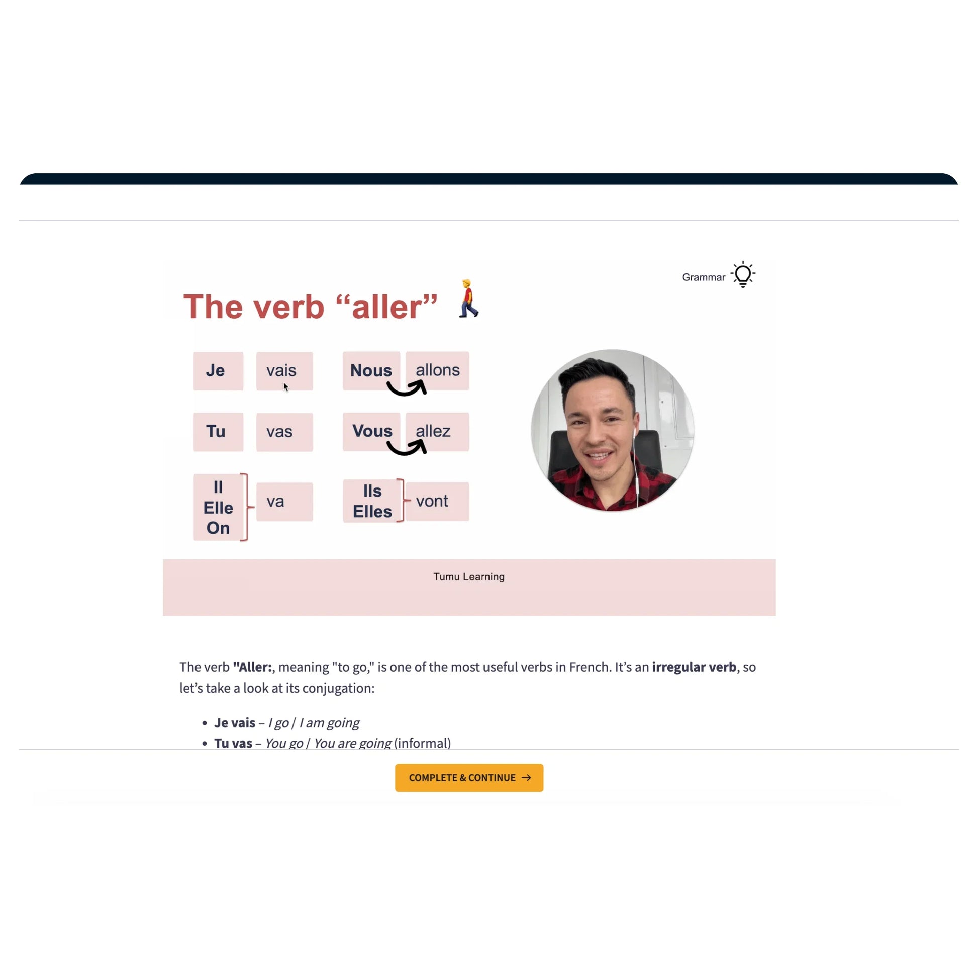 TCF Canada French grammar video lesson inside student dashboard