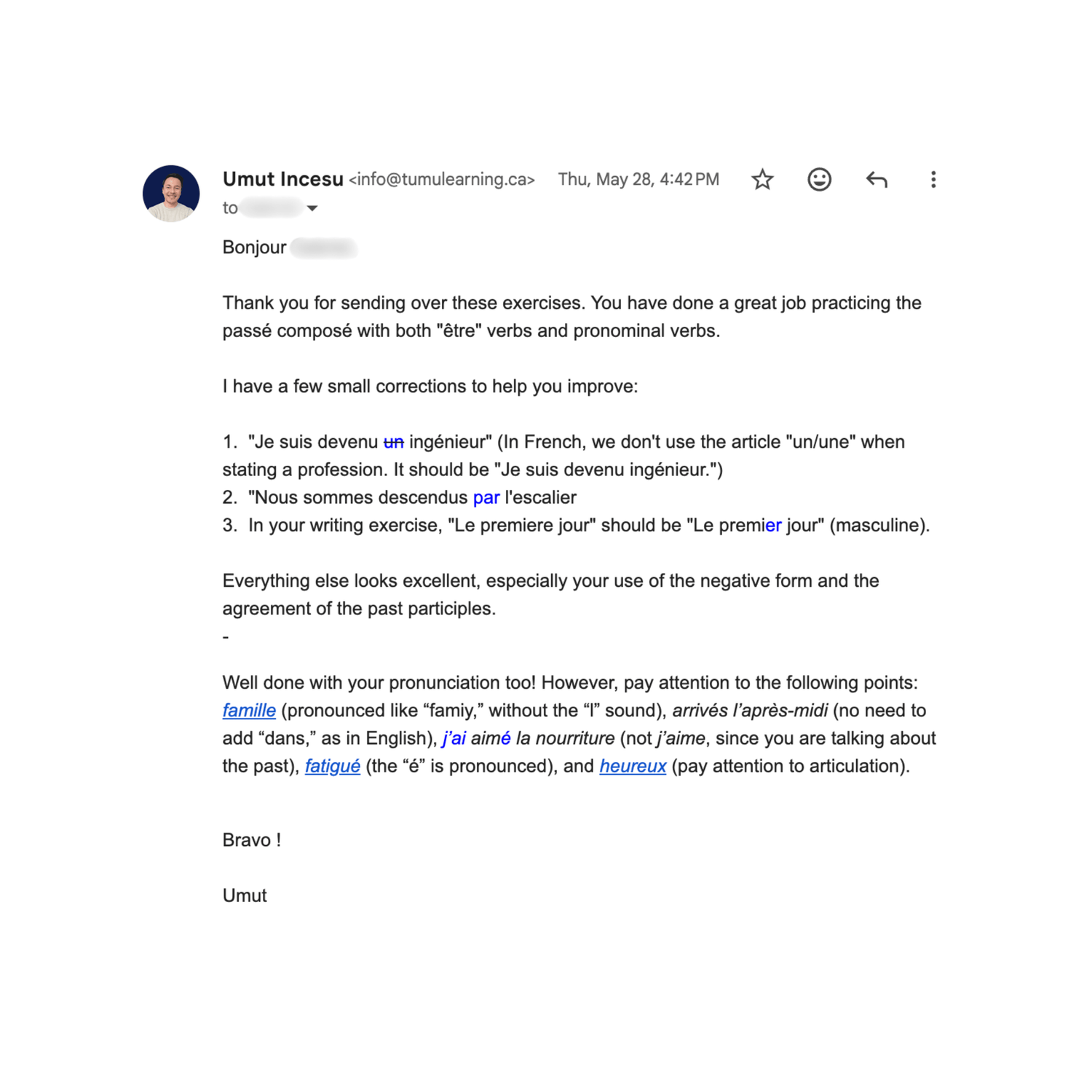 A screenshot of an email message with French text, addressed to Umut Incesu, showing corrections and pronunciation tips.  